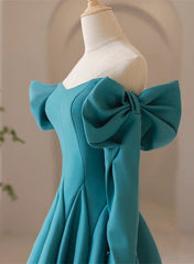 Teal Blue Long Sleeves with Bow A-line Sweetheart Prom Dress