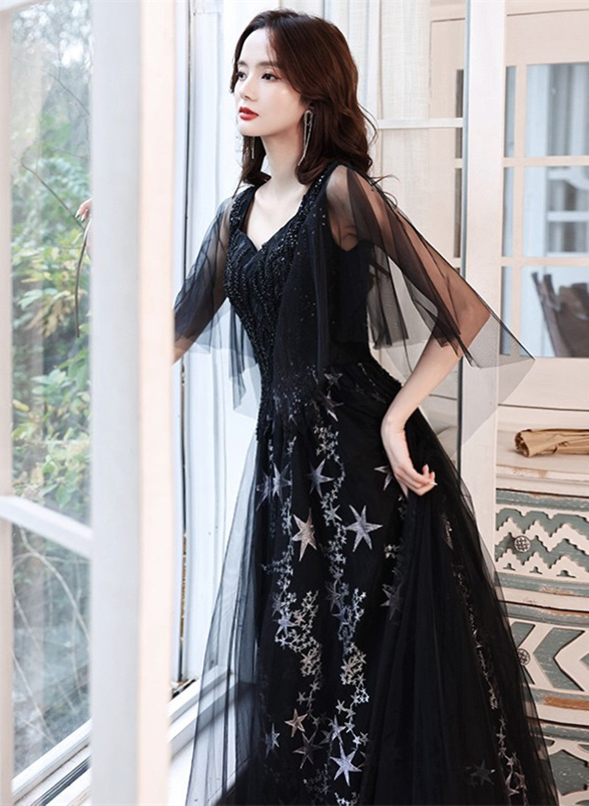 Black Beaded Straps A-line Floor Length Party Dress