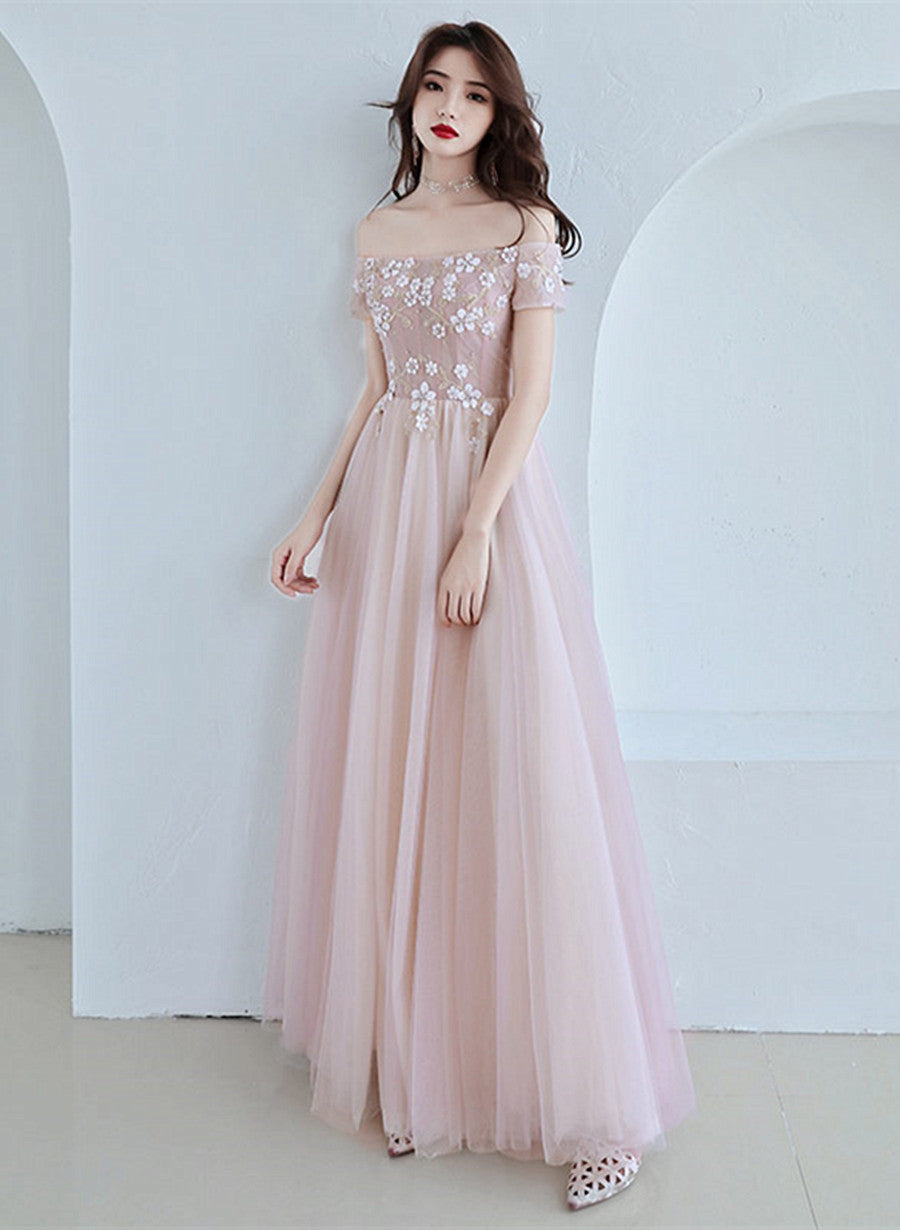 Vestido de fiesta rosa con hombros descubiertos y flores, corte A 