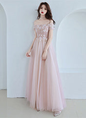 Vestido de fiesta rosa con hombros descubiertos y flores, corte A 