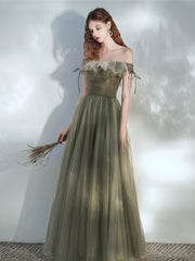 Green Off Shoulder Tulle Long Junior Prom Dress