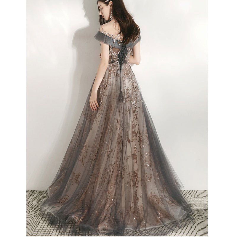 Vestido de fiesta largo de tul con encaje gris y champán 
