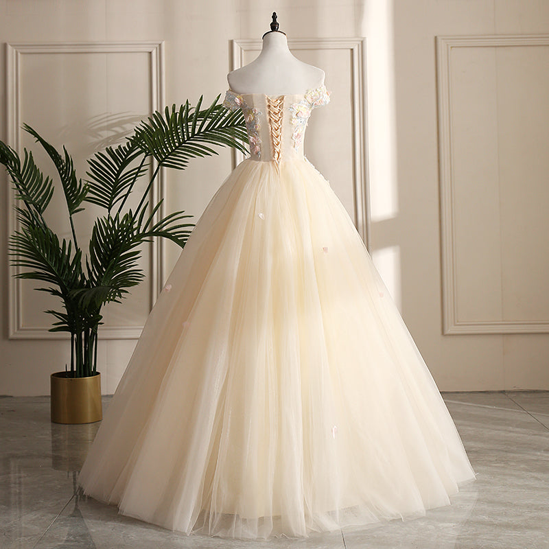 Pretty Tulle Champagne Off Shoulder  Prom Dress