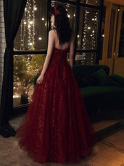 Wine Red Floral Lace and Tulle Long Evening Gown Party Dress