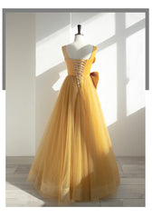 Yellow Tulle Long Party Dress with Bow