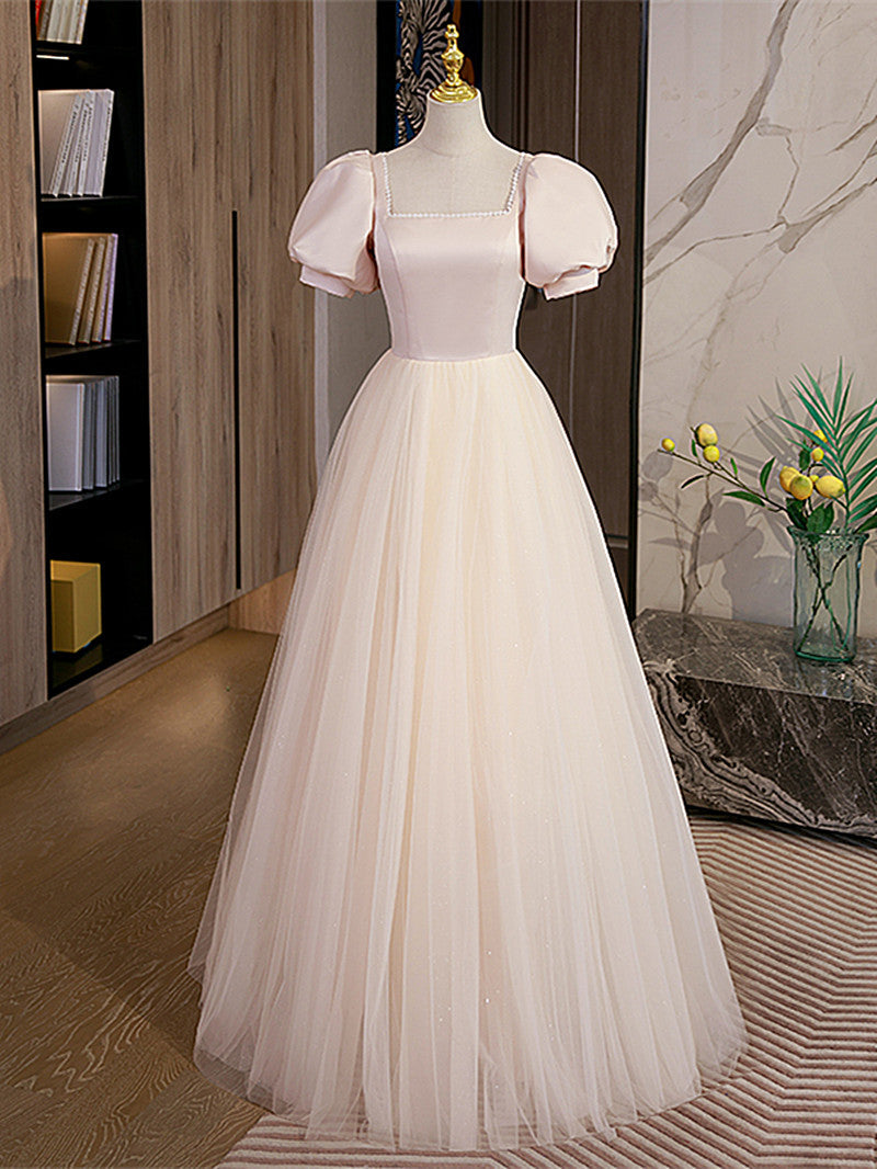 Light Champagne Tulle with Light Pink Satin Prom Dress