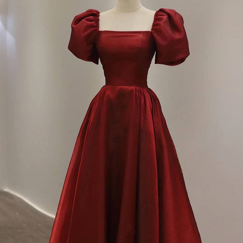 Vestido de fiesta de boda de manga corta color rojo vino hasta la rodilla 