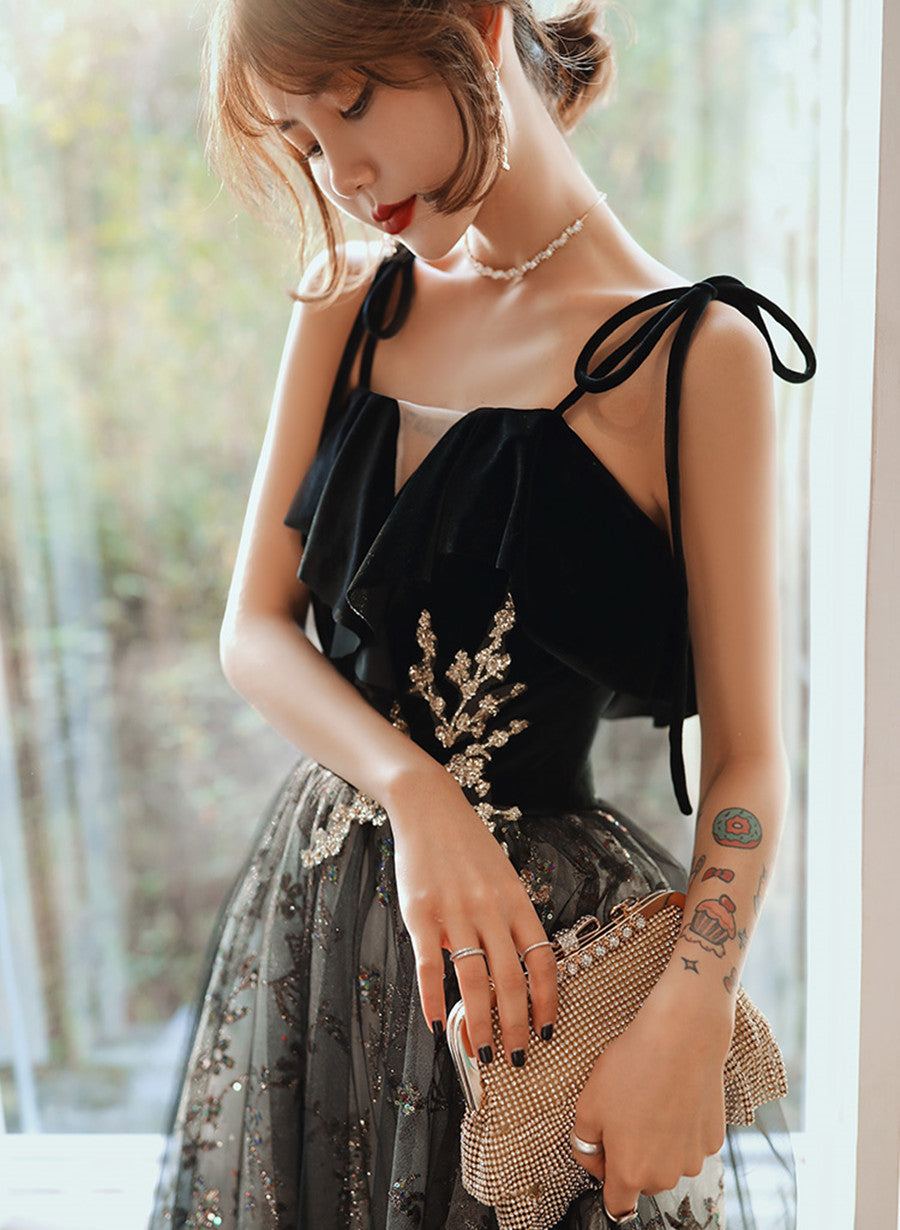 Black A-line Tulle Straps Long Party Dress