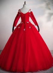 Vestido de fiesta largo con hombros descubiertos y tul rojo 