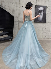 A-line Tulle Straps Long Blue Floor Length Party Dress