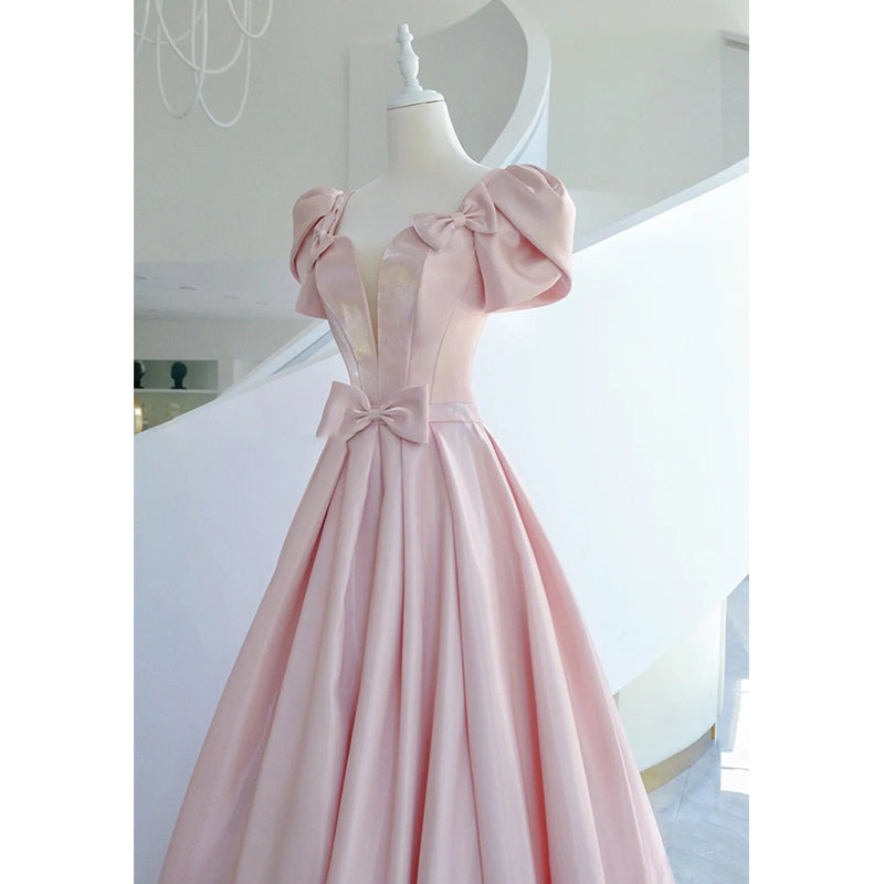 Pink Satin Long Short Sleeves Prom Dress Party Dress