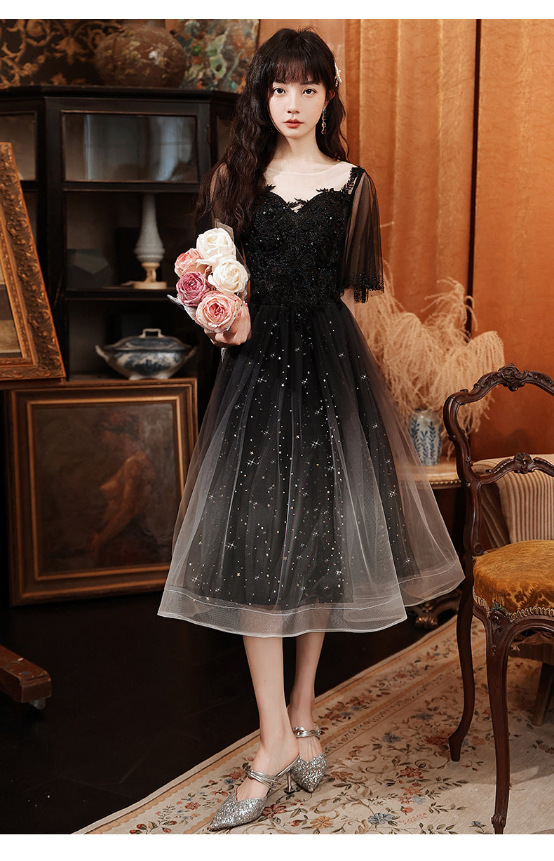 Black Tulle Gradient Short Sleeves Party Dress with Lace