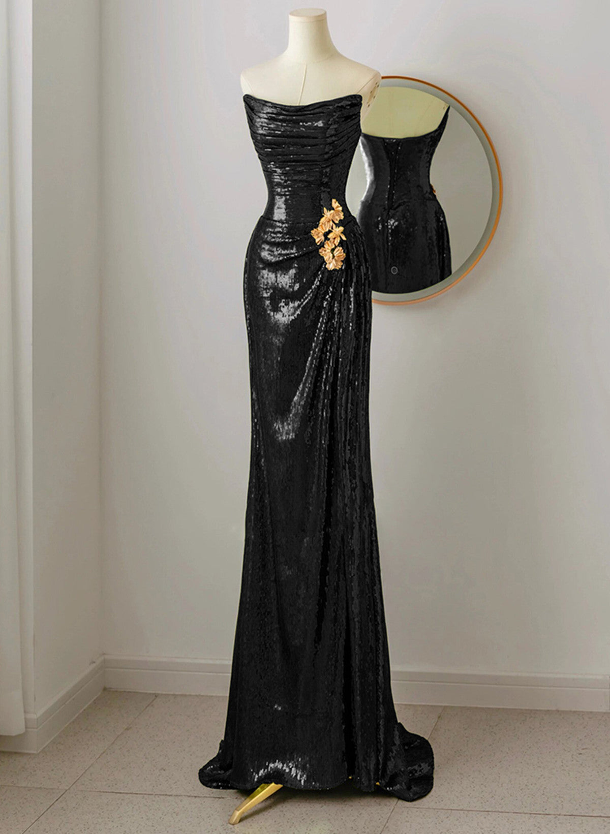 Black Scoop Sequins Floor Length Prom Dress