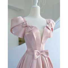 Pink Satin Long Short Sleeves Prom Dress Party Dress
