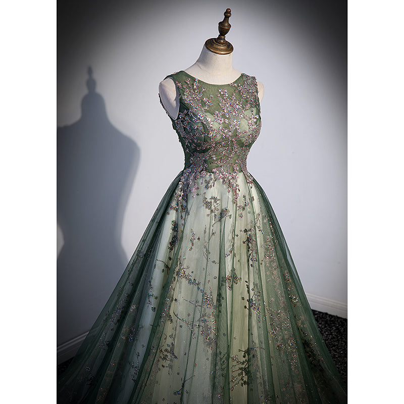 Vestido de fiesta largo de tul verde con escote redondo 