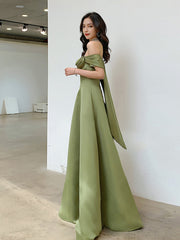 A-line Green Satin Off Shoulder Long Party Dress