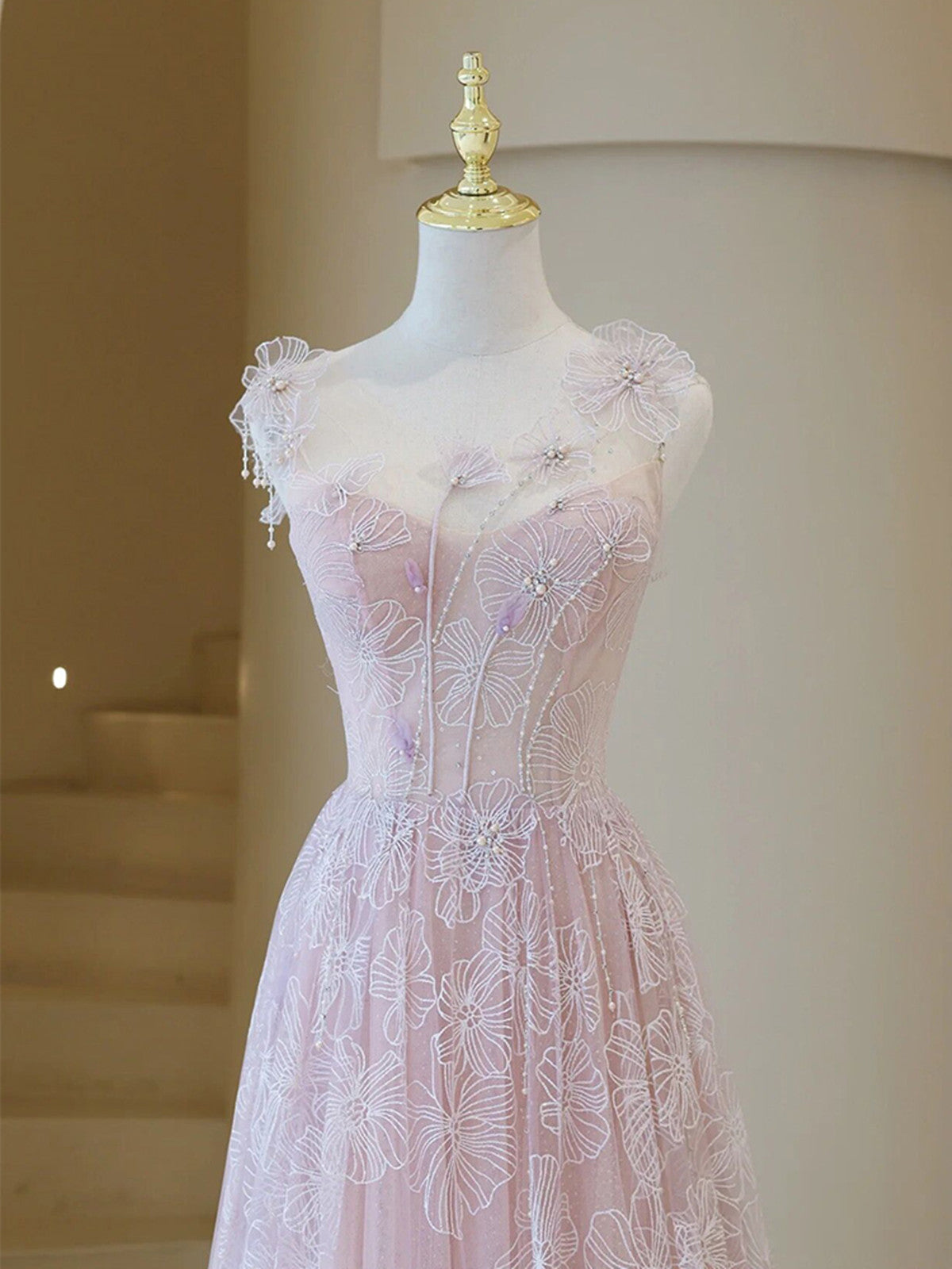Light Pink Round Neckline Lace Long Prom Dress