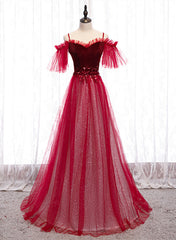 Vestido de fiesta de terciopelo y tul rojo vino con hombros descubiertos 