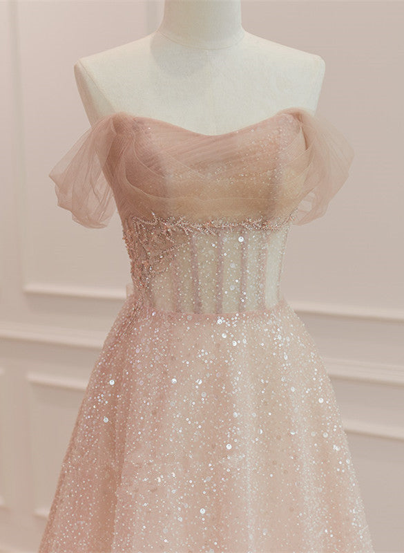 Vestido formal largo de corte A en tul rosa brillante con cuentas 