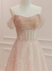 Vestido formal largo de corte A en tul rosa brillante con cuentas 