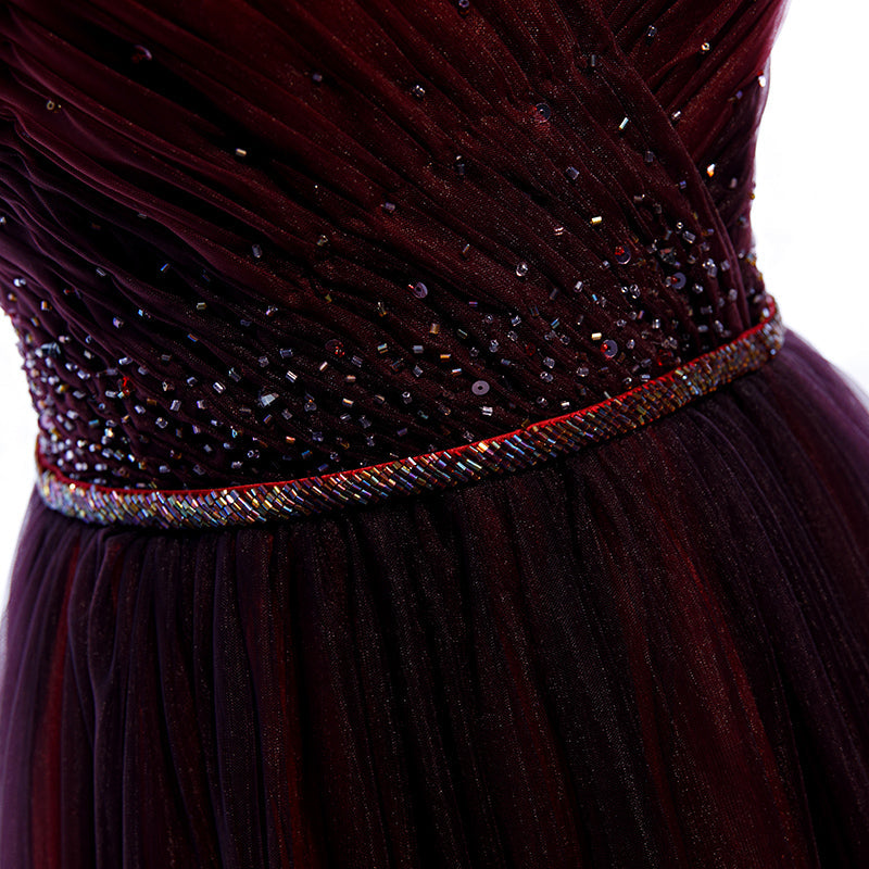 Gradient Beaded Wine Red Tulle Long Party Dress