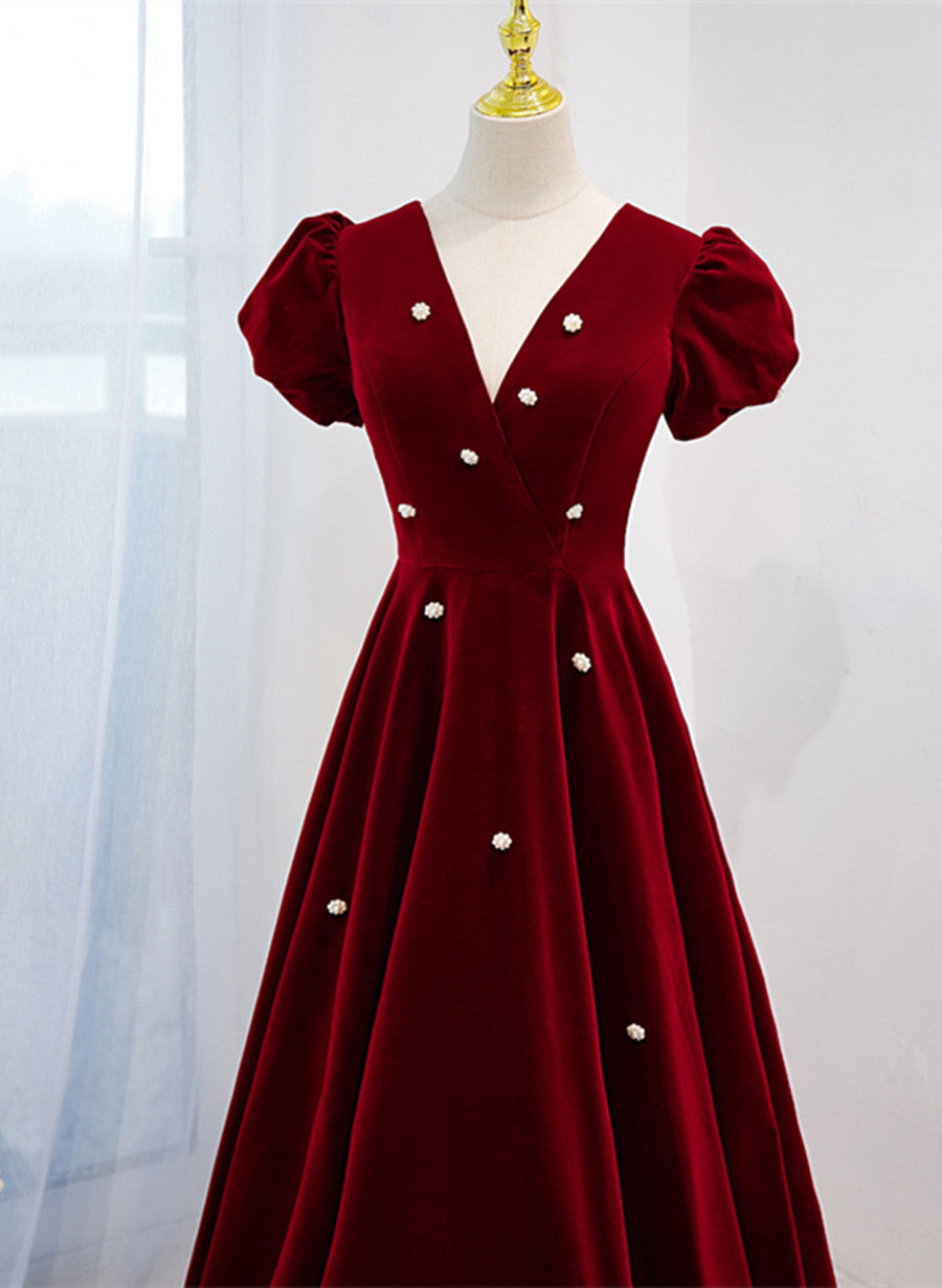 Vestido de fiesta de terciopelo con escote en V rojo vino 