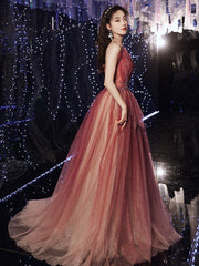 Hermoso vestido de fiesta de tul brillante con cuentas en degradado rojo 