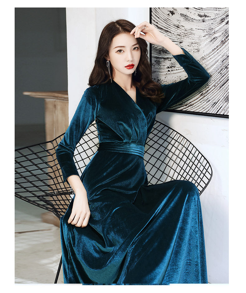 Charming Velvet V-neckline Simple Long Bridesmaid Dress