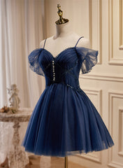 Vestido de fiesta corto de tul azul marino con cuentas 