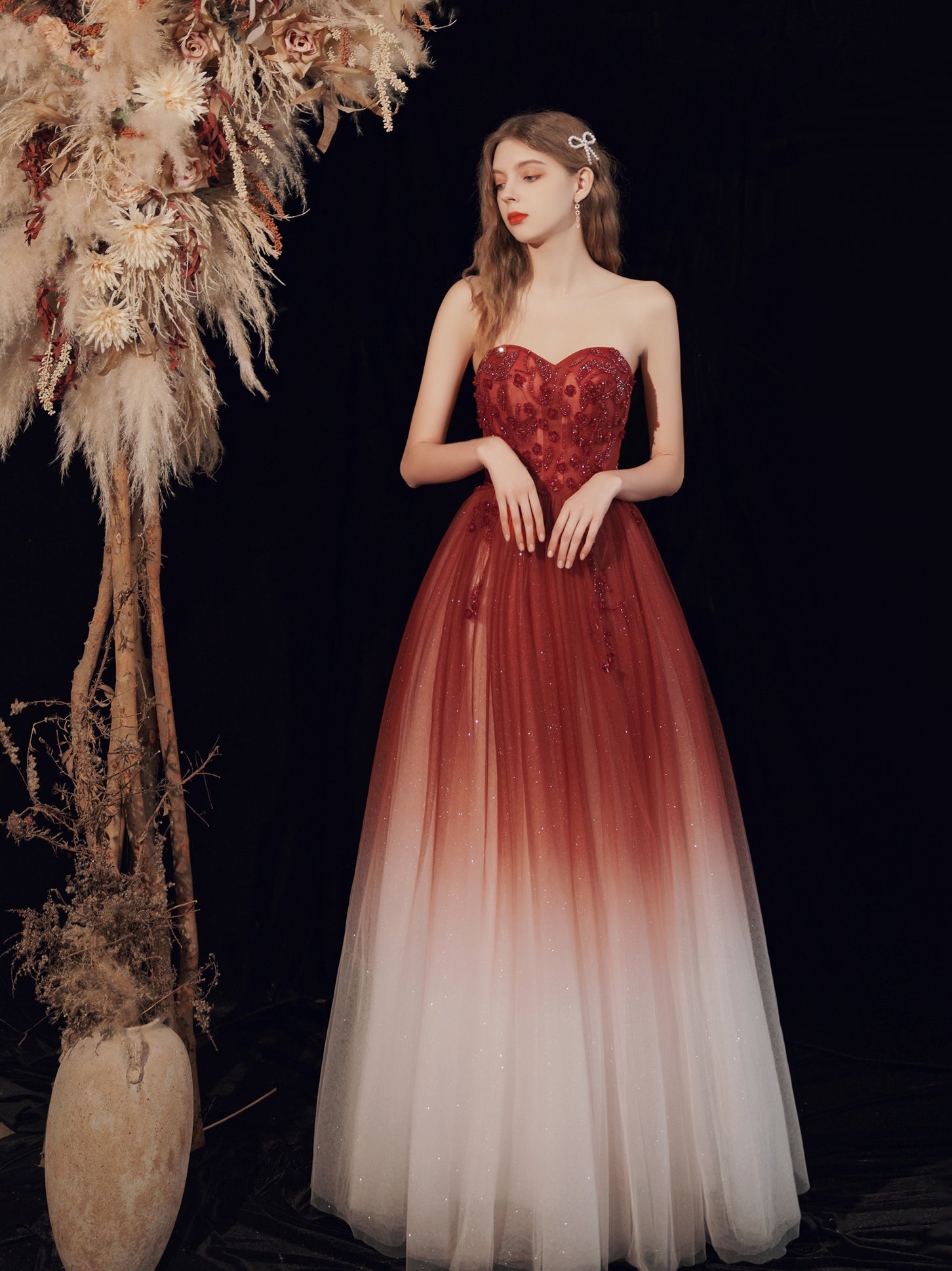Red Sweetheart Beaded Gradient Long Party Dress