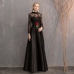 Black Satin and Lace Long Formal Dress Party Dresses