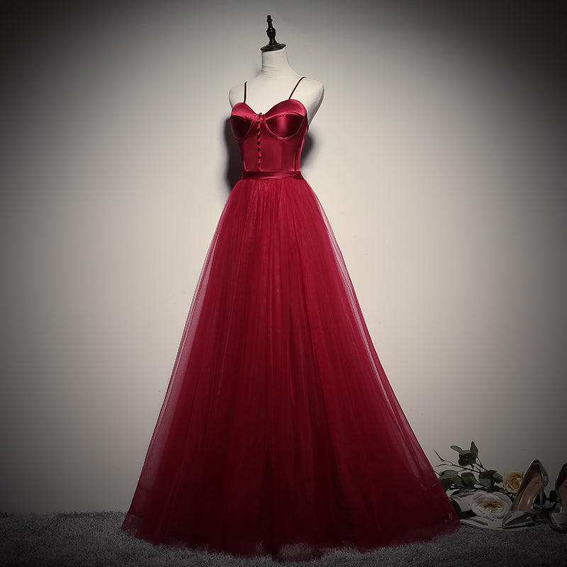 Gorgeous Dark Red Straps Tulle Long Party Dress
