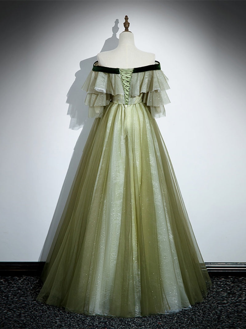 Vestido de fiesta largo de corte A de tul verde claro con encaje 