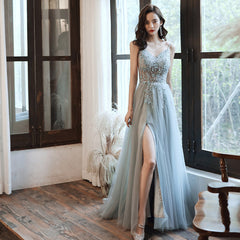 Beautiful Grey V-neckline Straps Beaded Slit Long Prom Dress