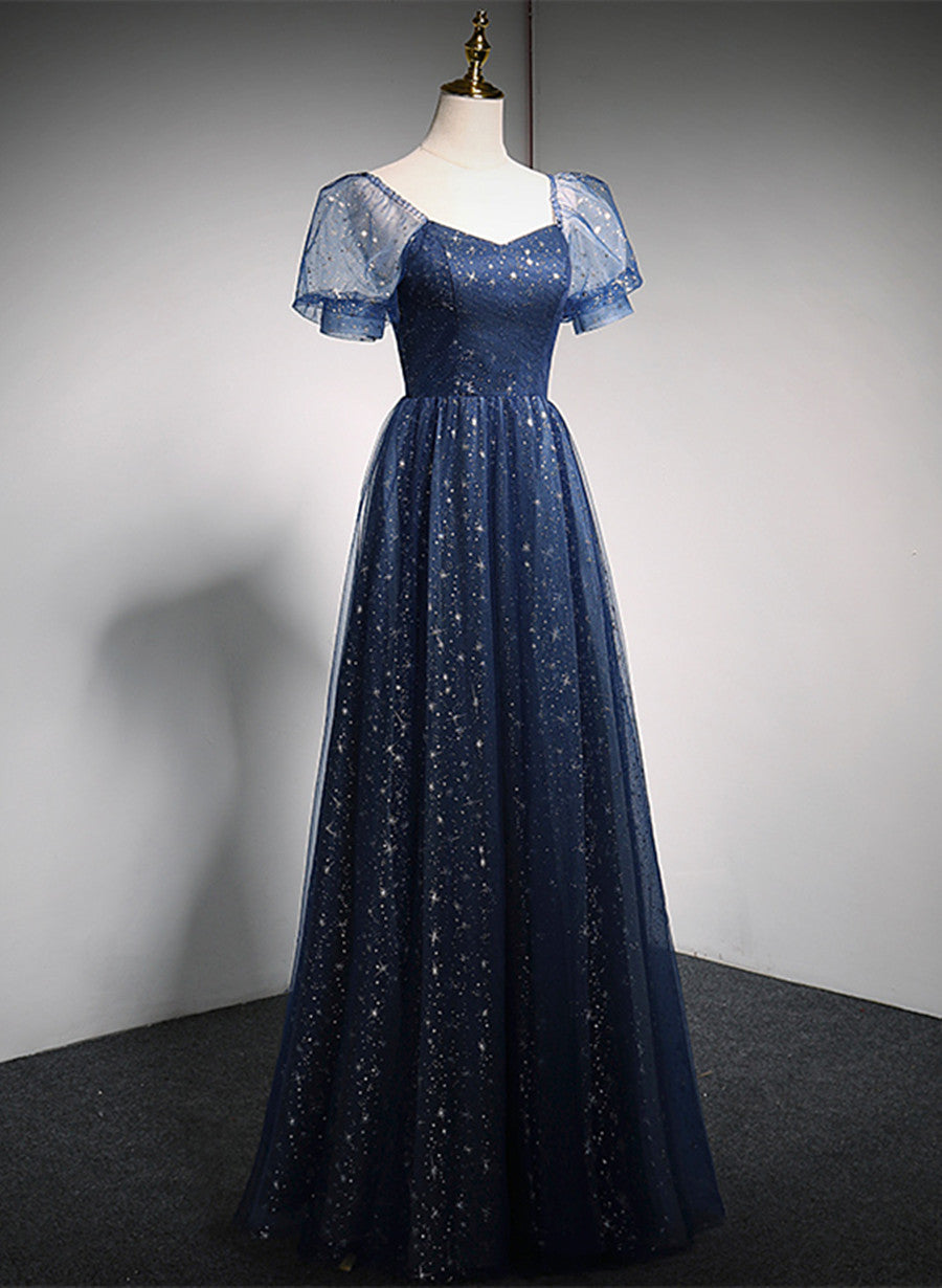 Vestido de fiesta azul marino largo con hombros descubiertos y corte A 
