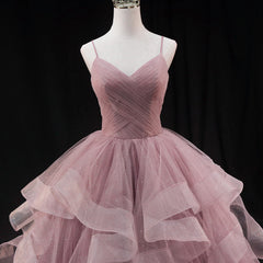 Vestido de noche largo de tul con escote en forma de corazón rosa 