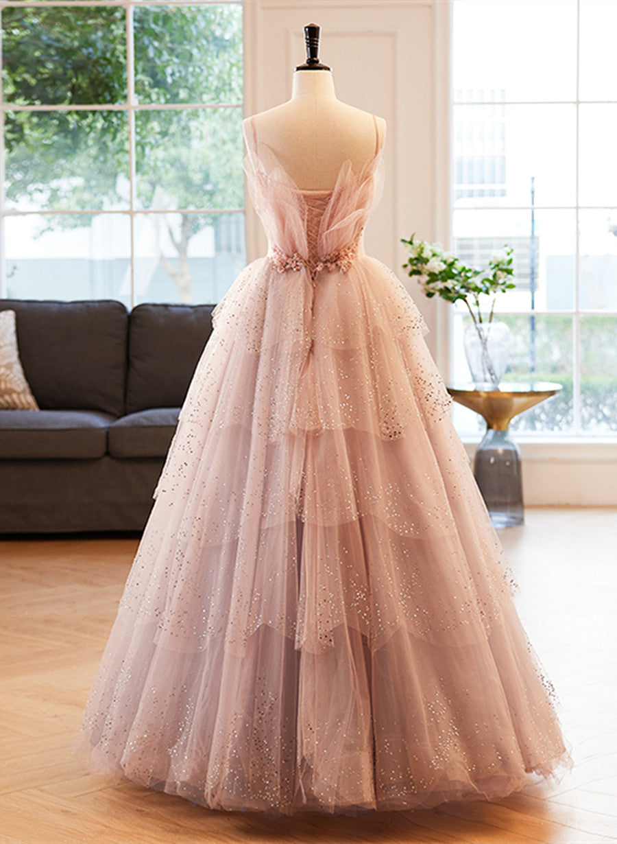 Vestido de fiesta de tul con escote en V y cuentas rosas. 