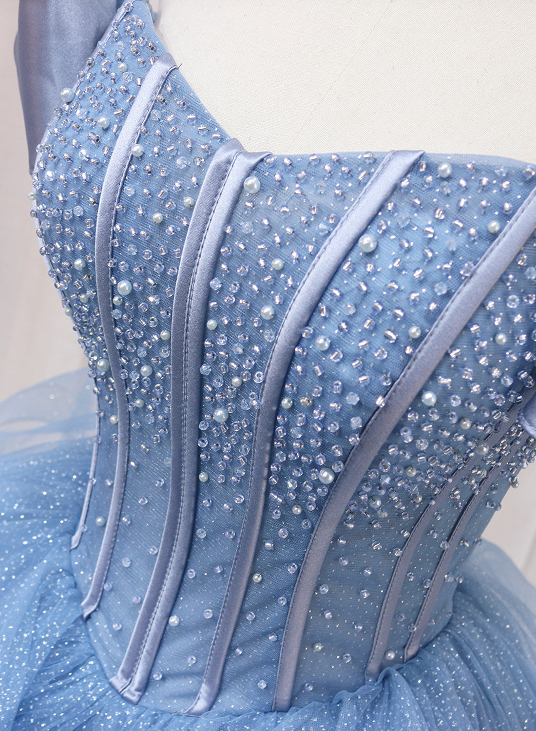 Blue Beaded Off Shoulder Tulle Long Formal Dress