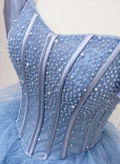 Blue Beaded Off Shoulder Tulle Long Formal Dress