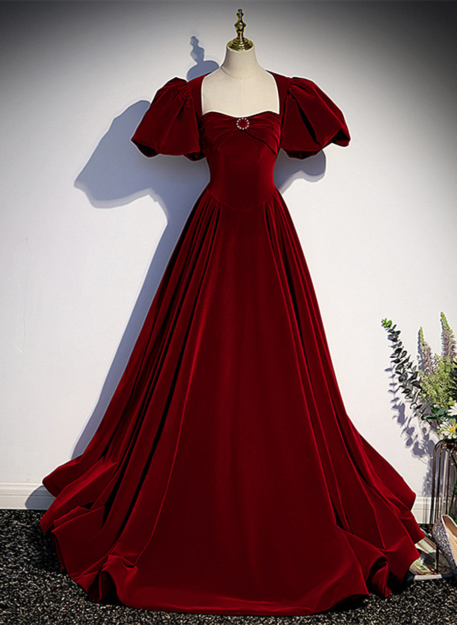 Vestido largo de fiesta con mangas abullonadas de terciopelo rojo vino 