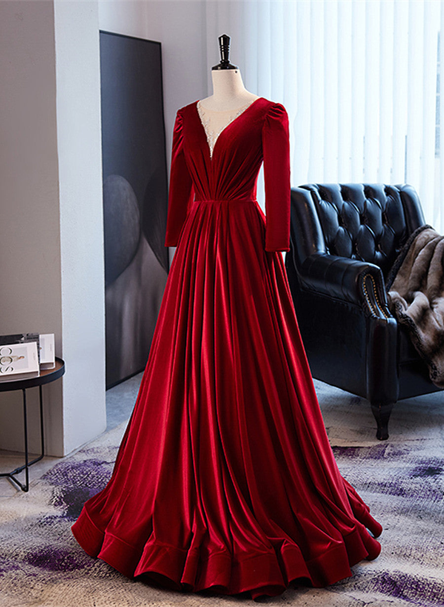 Wine Red Velvet Long Sleeves See Through Prom Dress