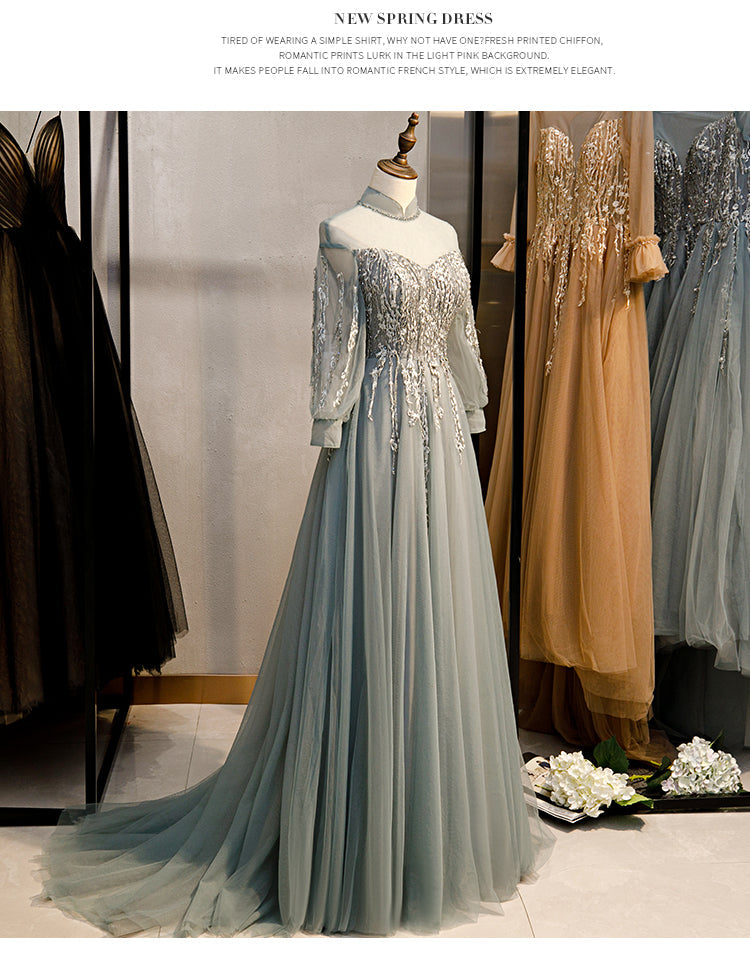 Charming Tulle Long Sleeves Beaded and Lace Long Party Dress