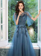 Vestido de fiesta largo de tul azul verdoso con corte A y encaje 