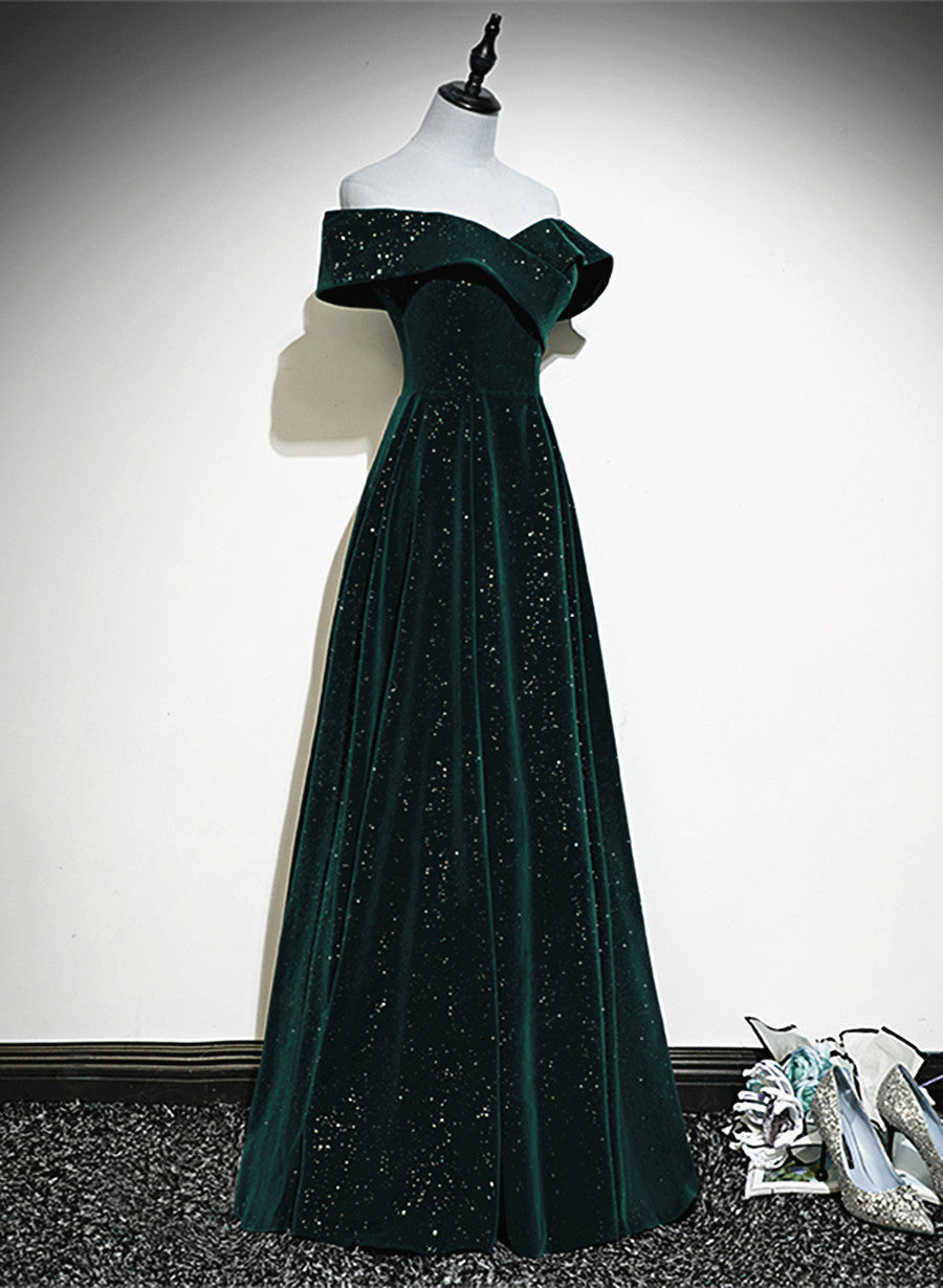 A-line Off Shoulder Green Velvet Simple Party Dress