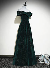 A-line Off Shoulder Green Velvet Simple Party Dress