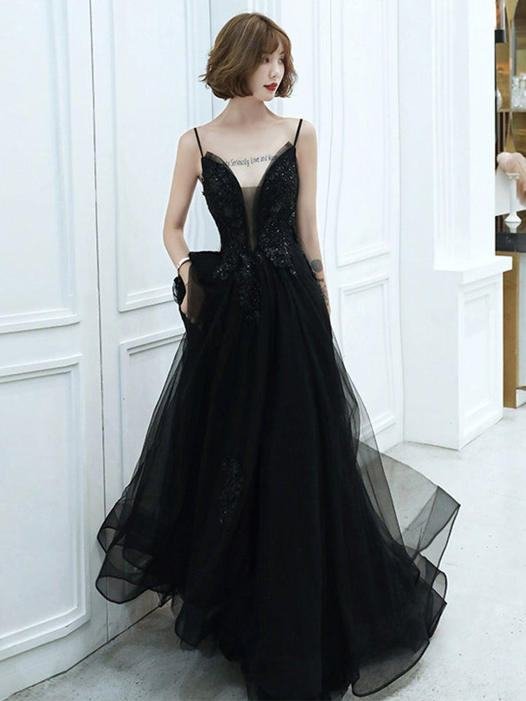 Black V-neckline Tulle with Lace Applique Long Prom Dress