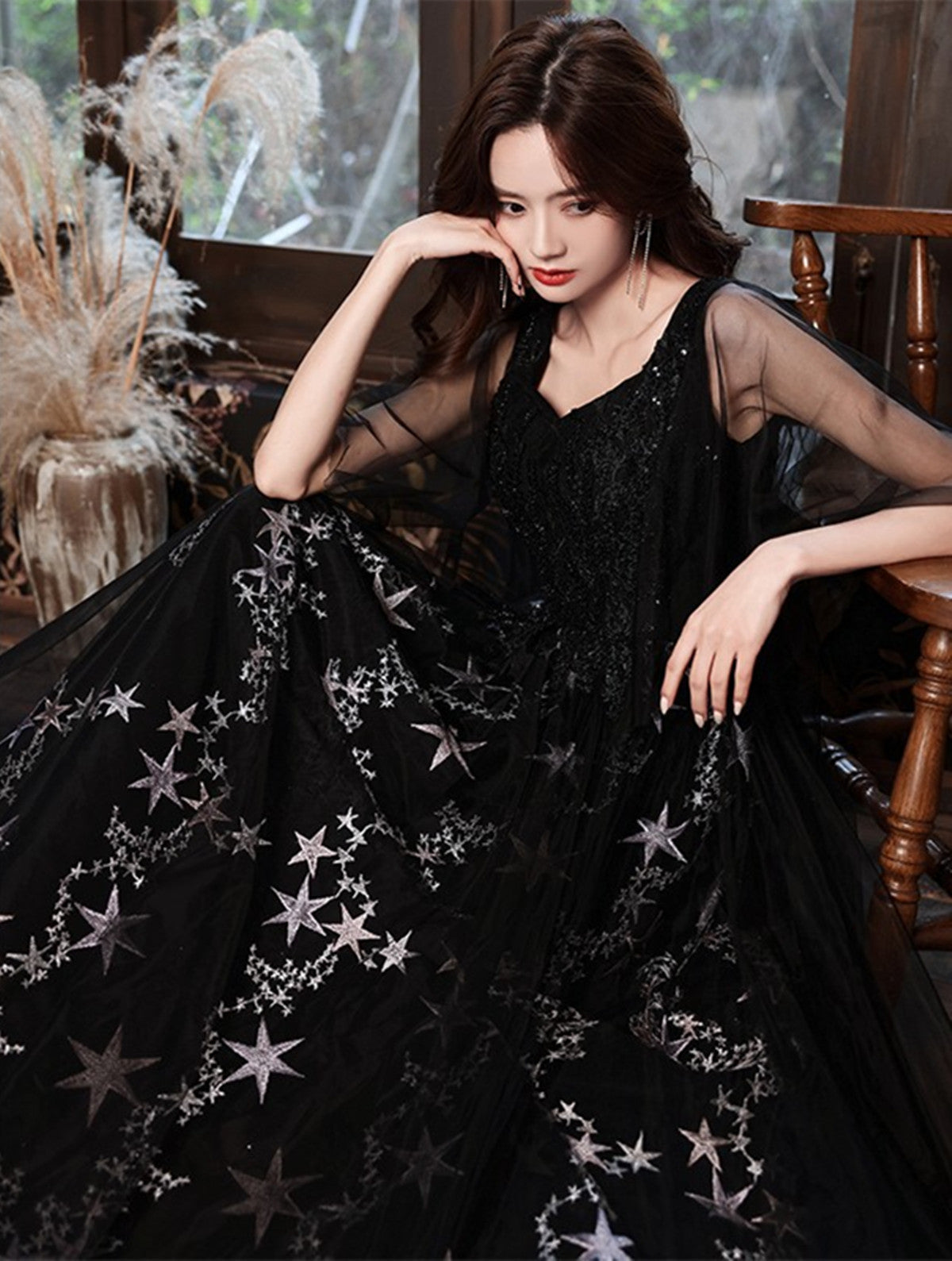 Black Beaded Straps A-line Floor Length Party Dress