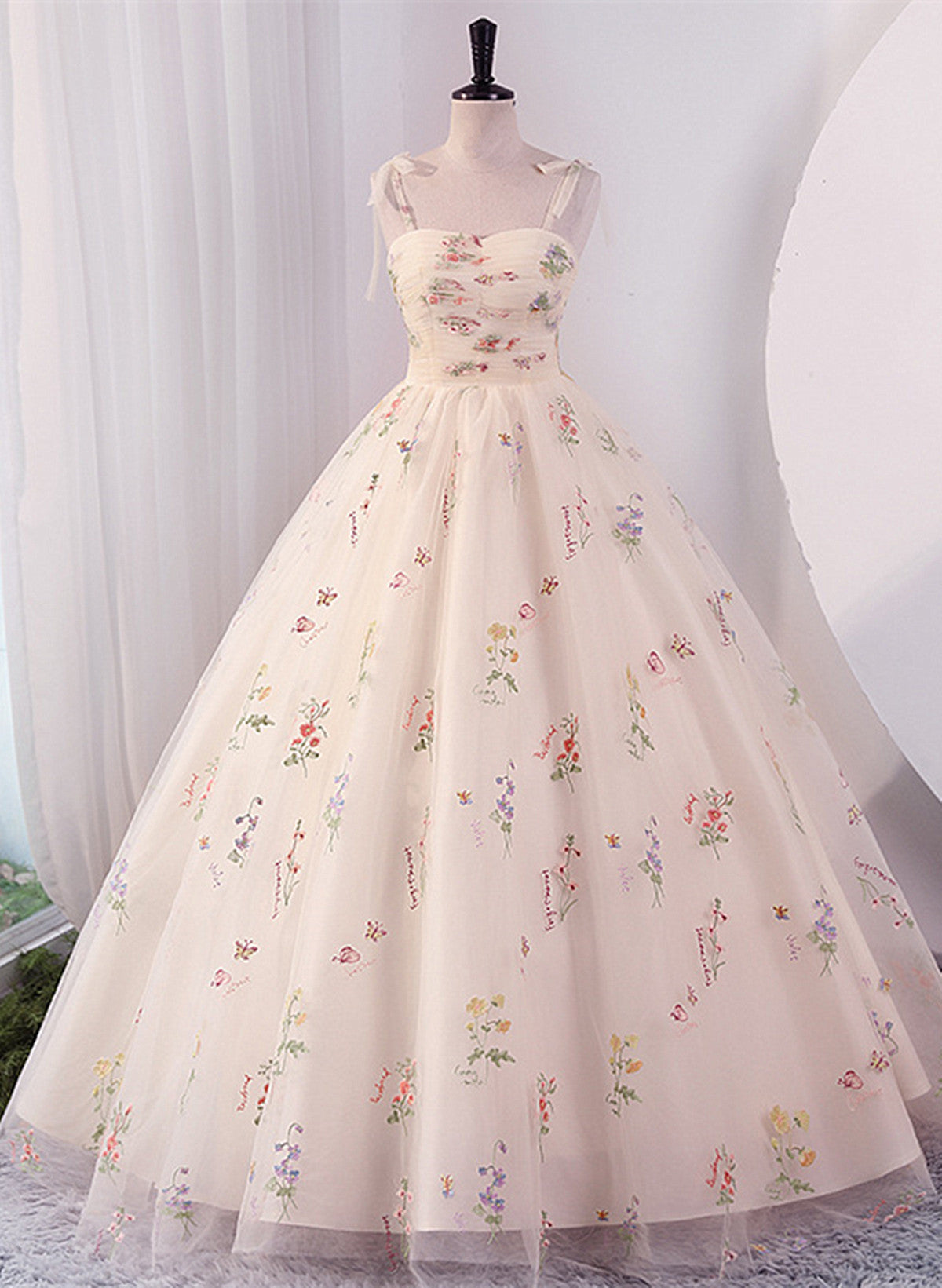 Ivory Floral Tulle Ball Gown Straps Sweet 16 Dress