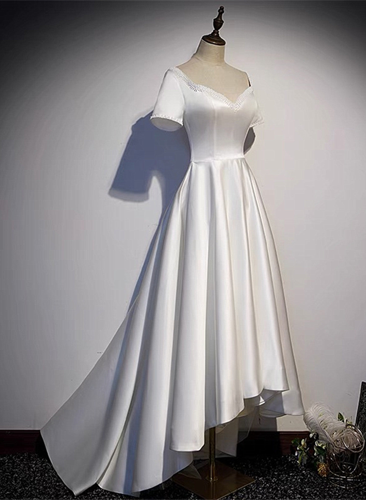 White High Low Satin Beaded Party Dress