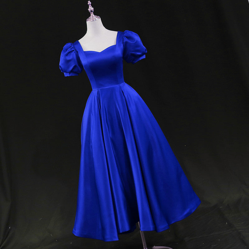 Vestido de fiesta de boda de satén azul real hasta la rodilla 
